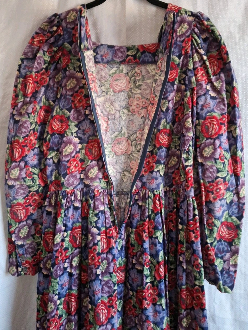 VTG 1990s Laura Ashley Blue Red Purple Floral Puff Sleeve Corduroy Dress 10