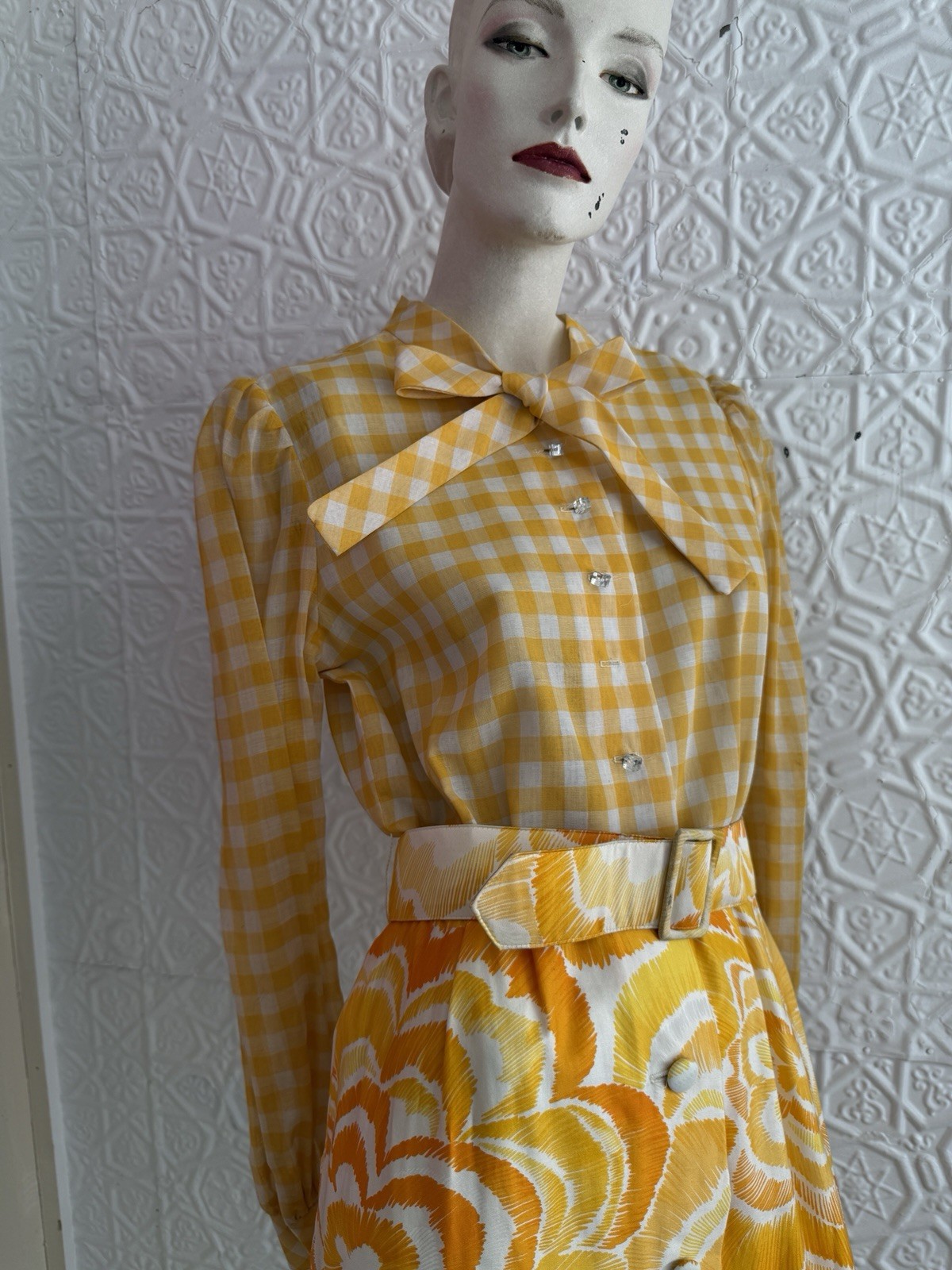 vintage dress 1960s 1970s multi print sunshine yellow maxi floral gingham S/M