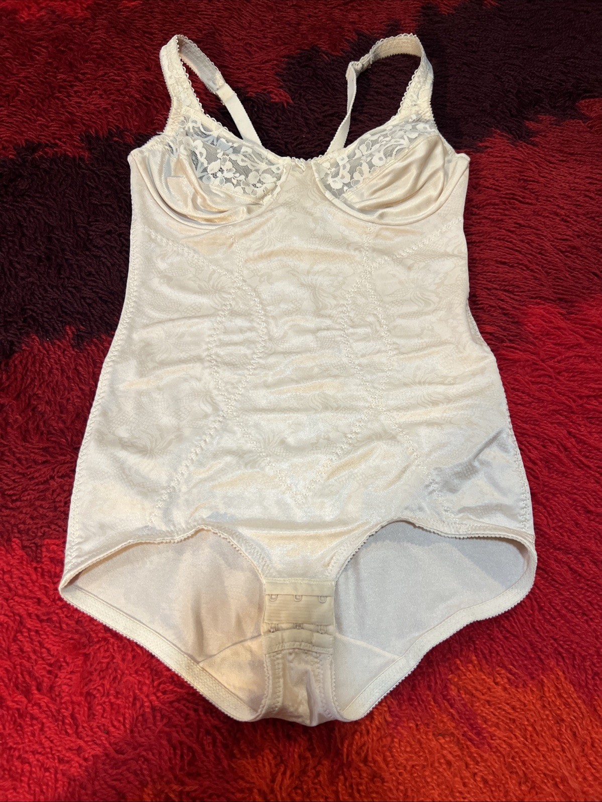 Vintage Adonna Nude Beige Lace Brocade Bodysuit Shaper Girdle 36B