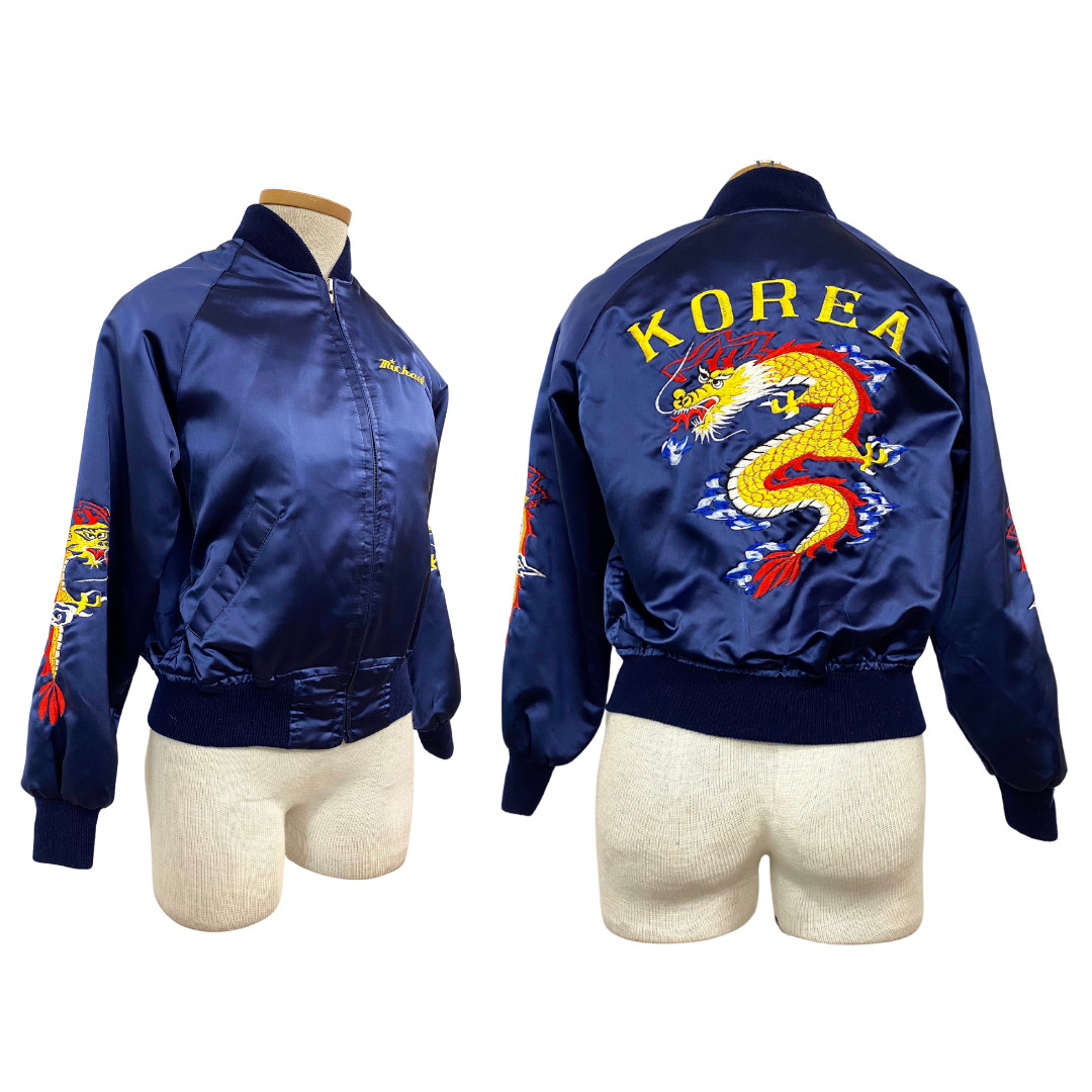 Vtg Vintage 1980s 80s Navy Dragon Embroidered Korean Souvenir Bomber Jacket