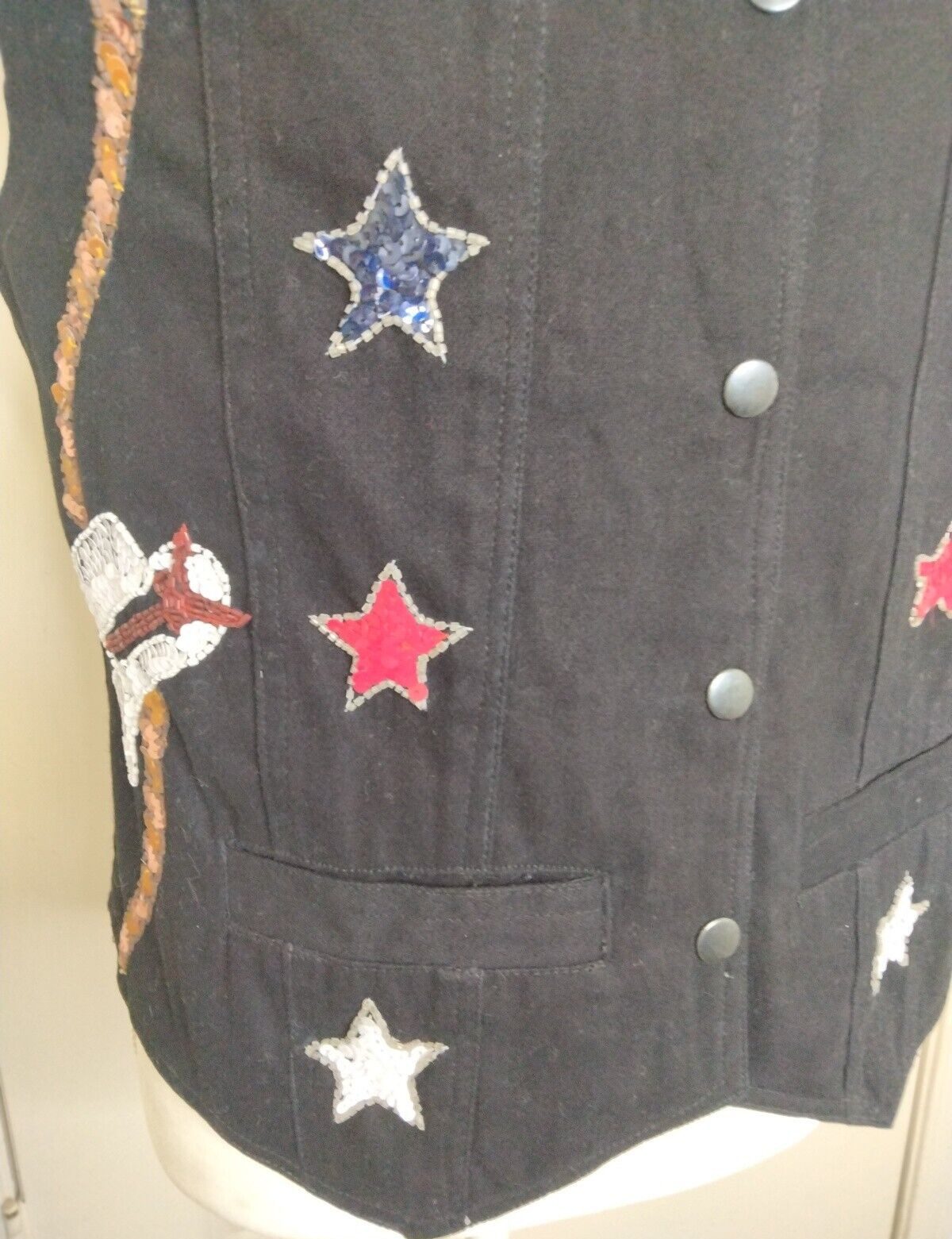 Modi Black Denim with Western Sequin Boots Cowboy Hat Stars Vest Size Medium