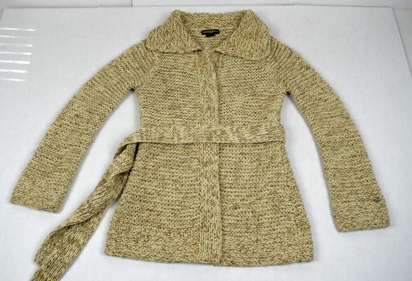 Vintage Guess Jeans Knit Sweater Size S/M 90s Oatmeal Beige Collared Belted Wrap