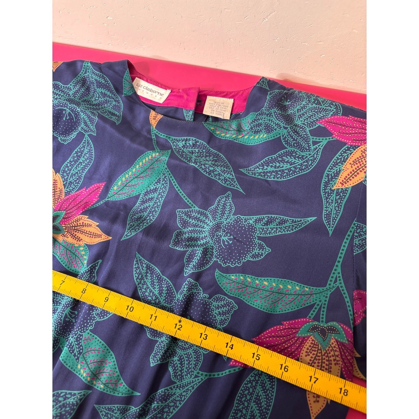 VTG 80s LIZ CLAIBORNE 100%Silk Navy Floral Midi Dress 10 Power Dressing Tropical
