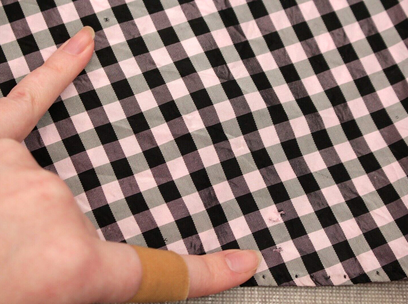 Vtg Womens 40s Black & Pink Checked Gown W/ Velvet Trim XS/S 1940s Taffeta Dress