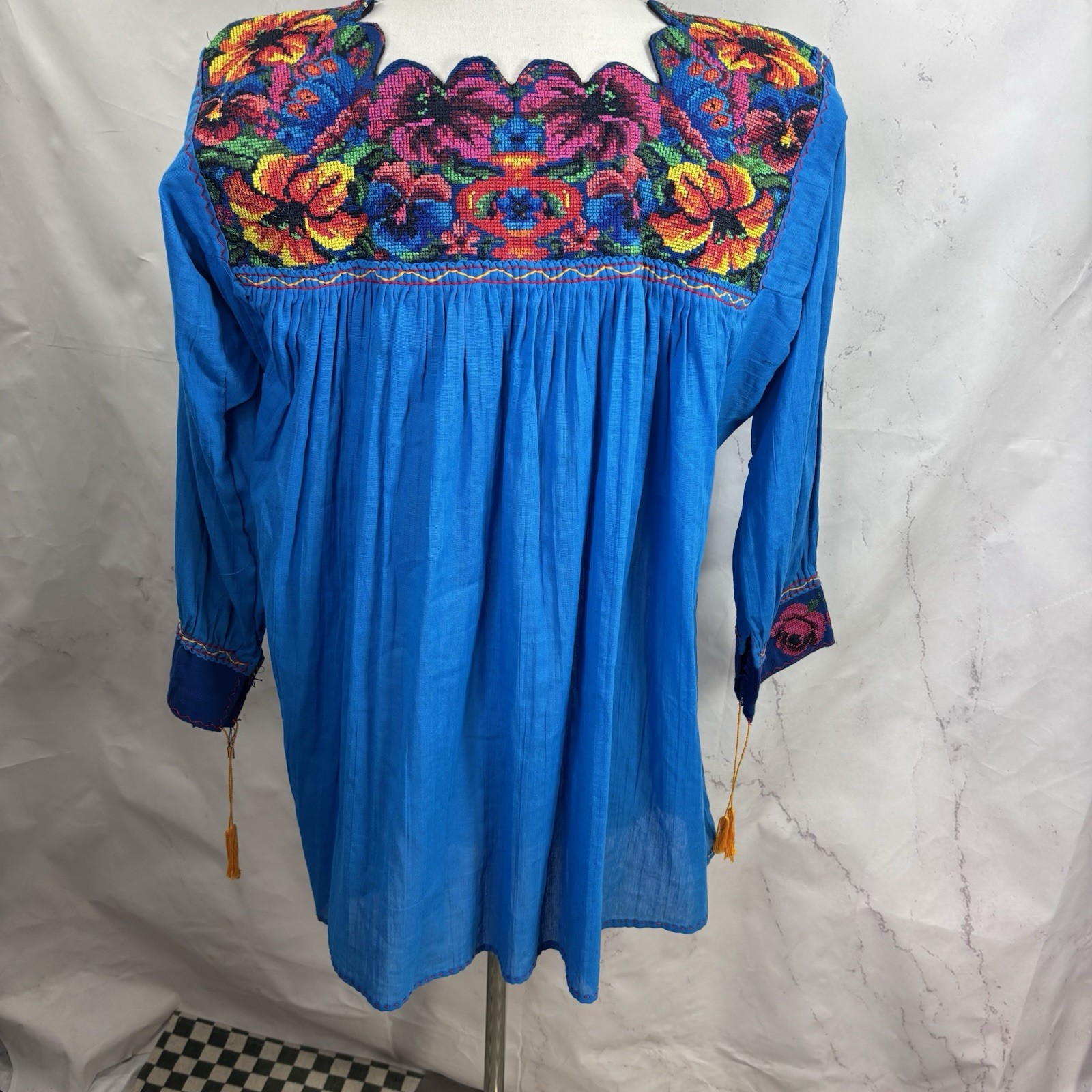 Vtg 70s Mexican Embroidered Cotton Tunic Blouse Boho Peasant Green Huipil M