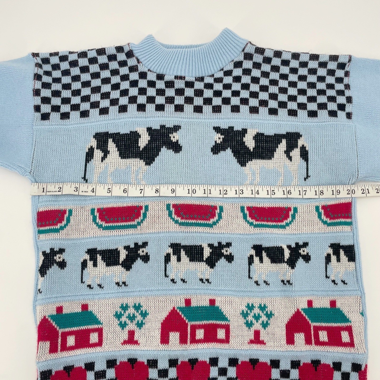 VTG Adele Knitwear Vintage Cow Watermelon Cottagecore Sweater Blue Made in USA