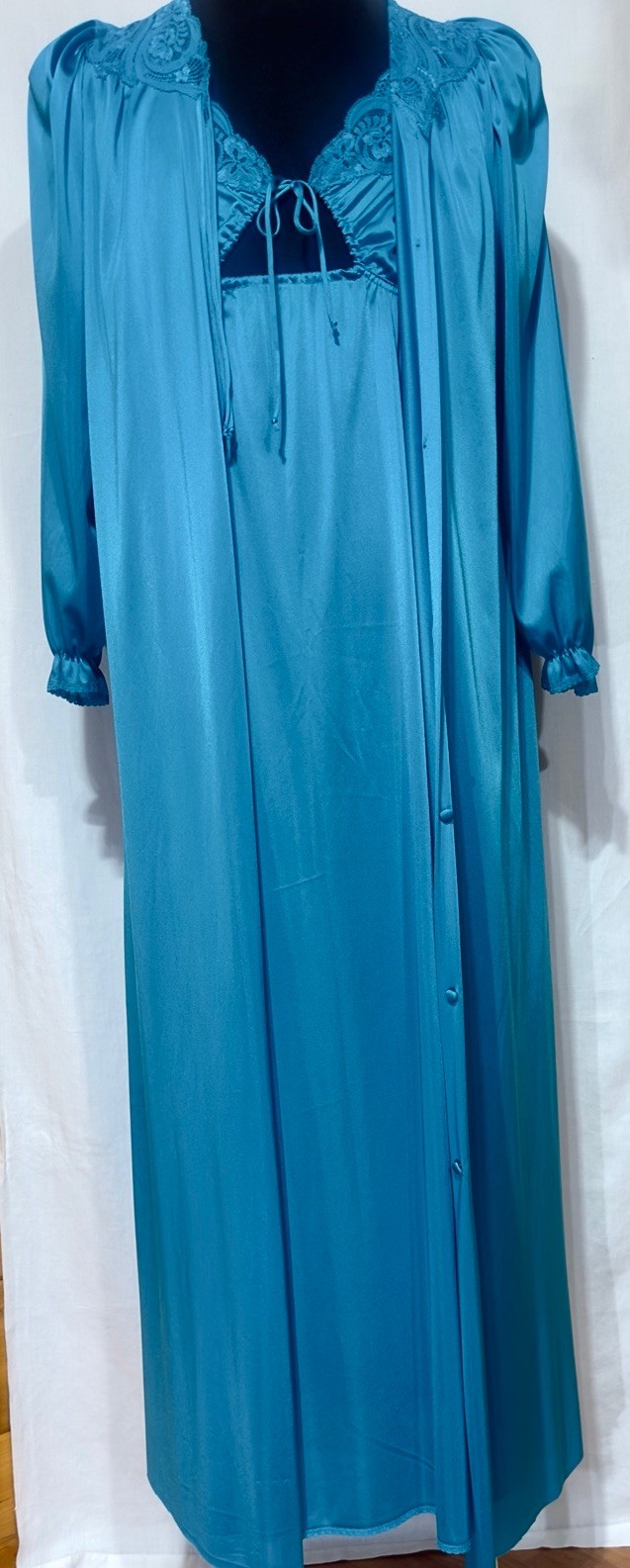 Vintage Miss Elaine Teal Peignoir Set Robe Nightgown Union Made Cottagecore S