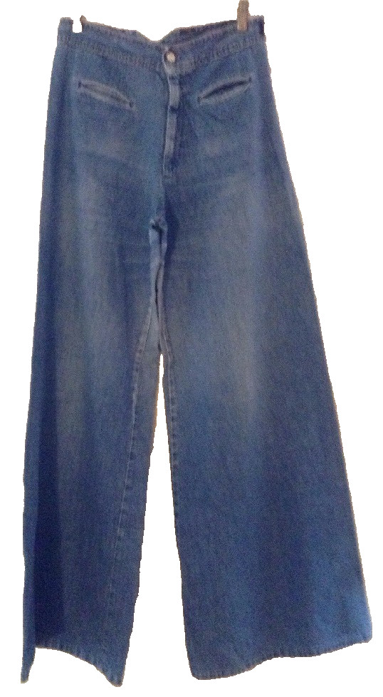 VTG 70s Body Lingo Blue Denim ELEPHANT Bell Bottom Flare Jeans Sz S/M? 28″W Boho