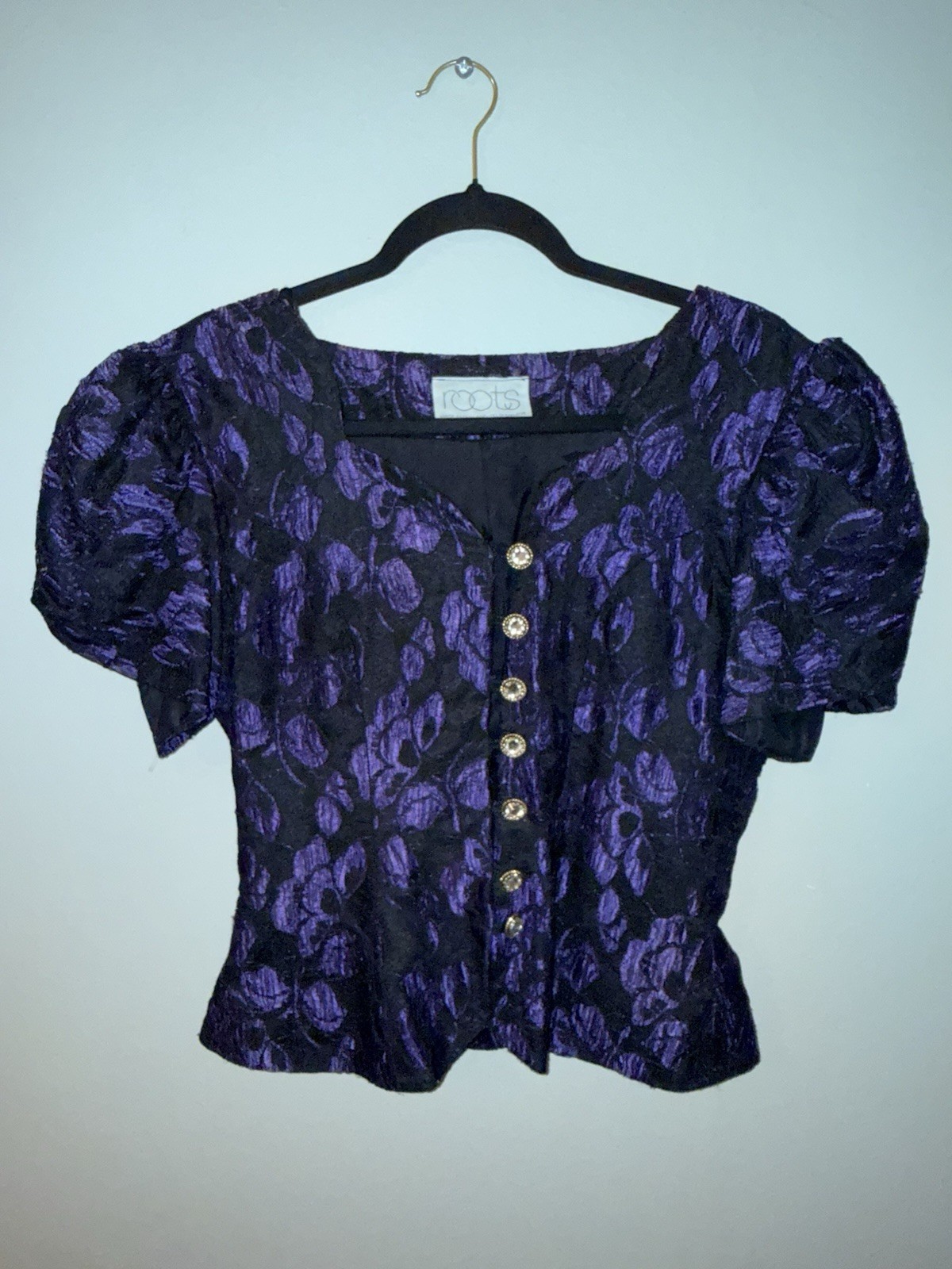 Roots Of London Vintage 80s Glam Puff Sleeve Glitter Top Purple buttons 10