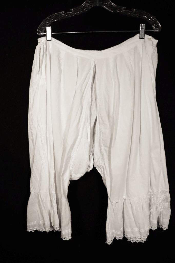 Antique French Victorian White Cotton Hand Embroidered Bloomers 36″ W Exc Cond