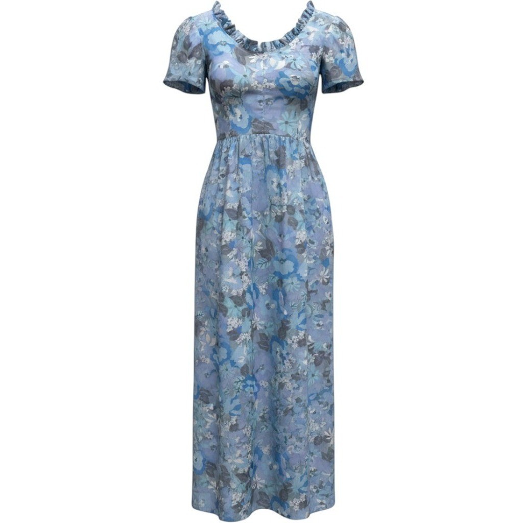 Vintage Floral Maxi Dress Womens Small Blue Prairie Cottagecore Ruffle Neck