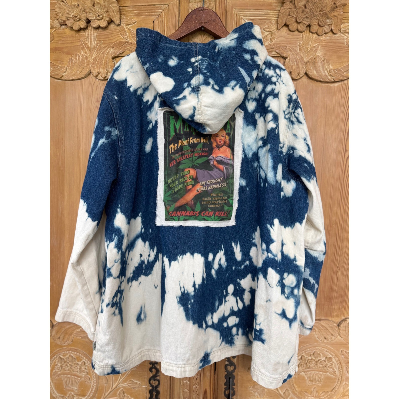 Vintage Marijuana Propaganda Hooded Denim Utility Coat XL XXL Oversized