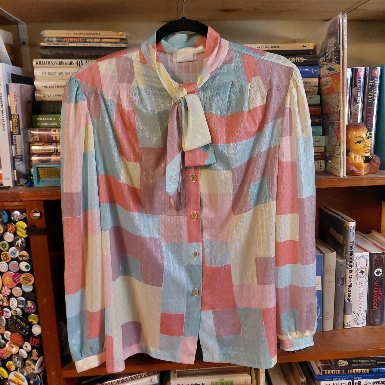 Vintage 1980s made in USA pastel button up with ribbon neck detail