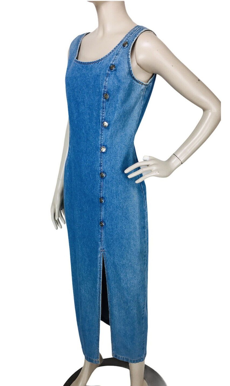 VTG 80s Bombshell Hourglass Denim Thigh-Slit Front Side Button Jean Dress NOS