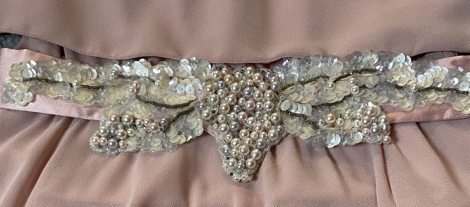 70s Cowl Neck Formal Evening Dress L Embellished Belt Faux Pearl Elegant Classic