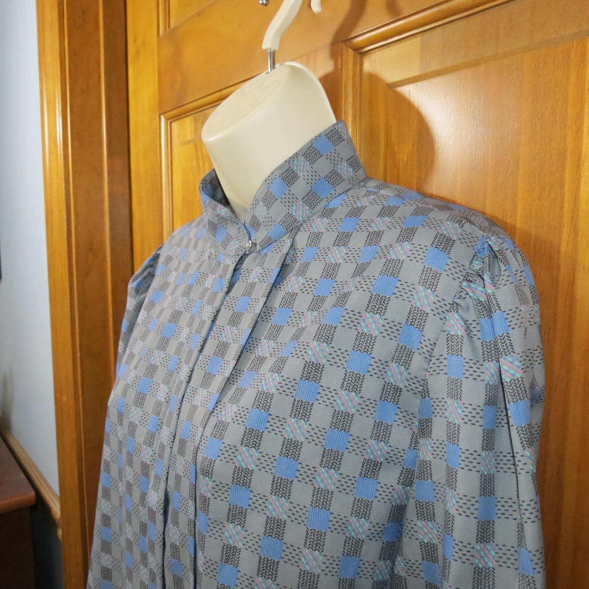 VTG 70s/80s Blouse Lady Arrow Ascot Collection Checkered High Neck Grey Sz 16