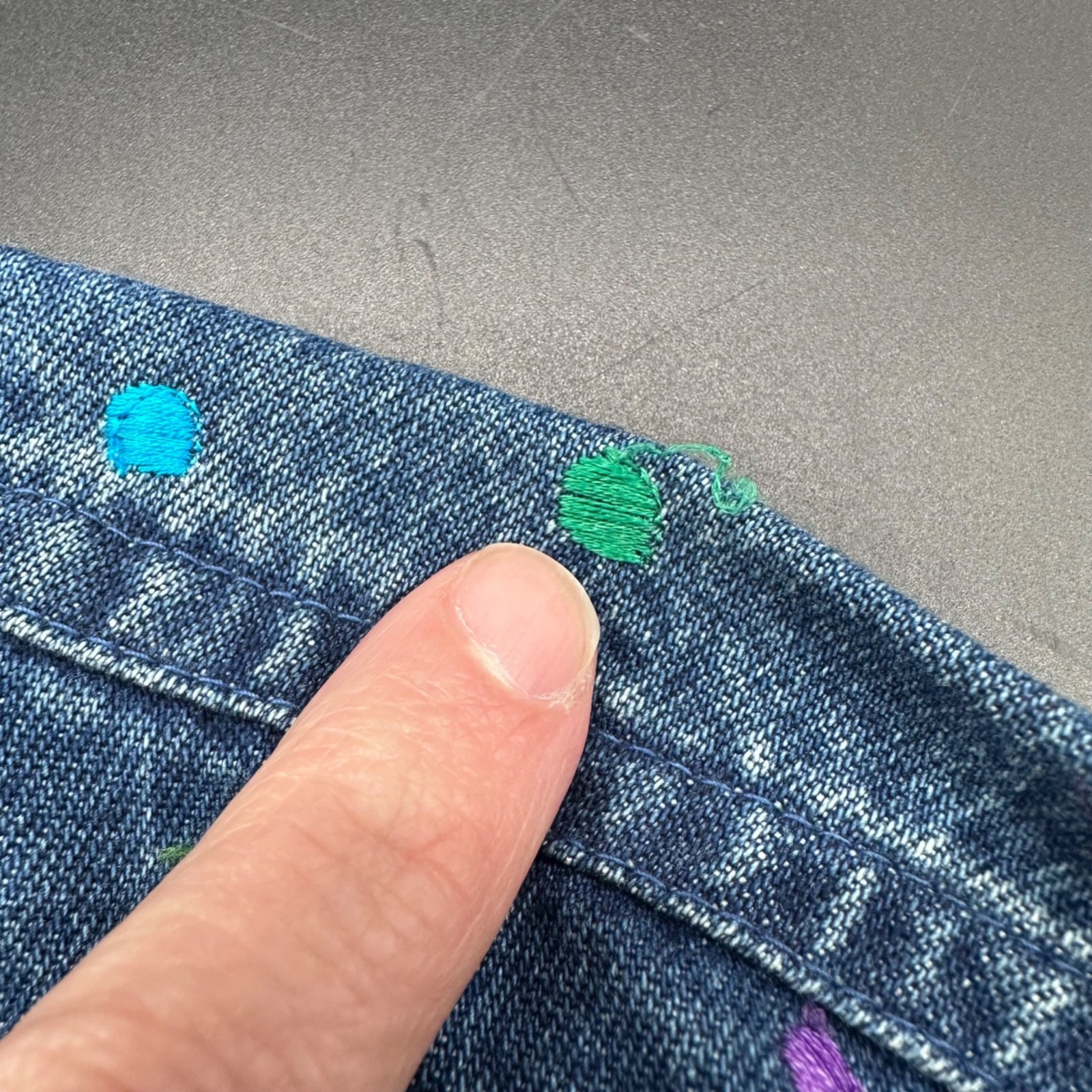 Vintage Denim Shirt Jacket Polka Dot Embroidery Small 1990s Rainbow Button Up
