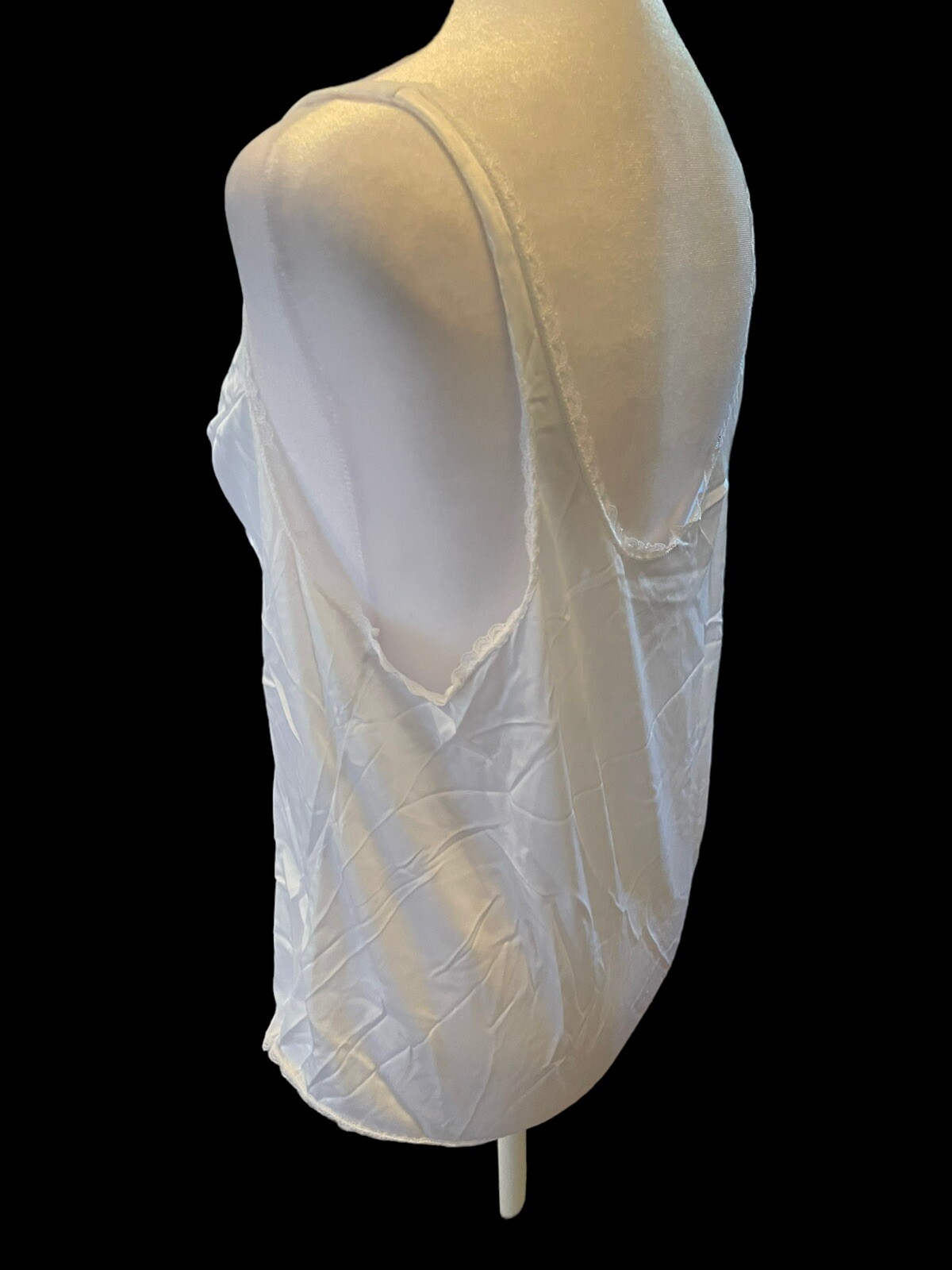 Vintage Vasserette V-Neck Cami Top Lace Trim Size Large White 100% Nylon Stretch