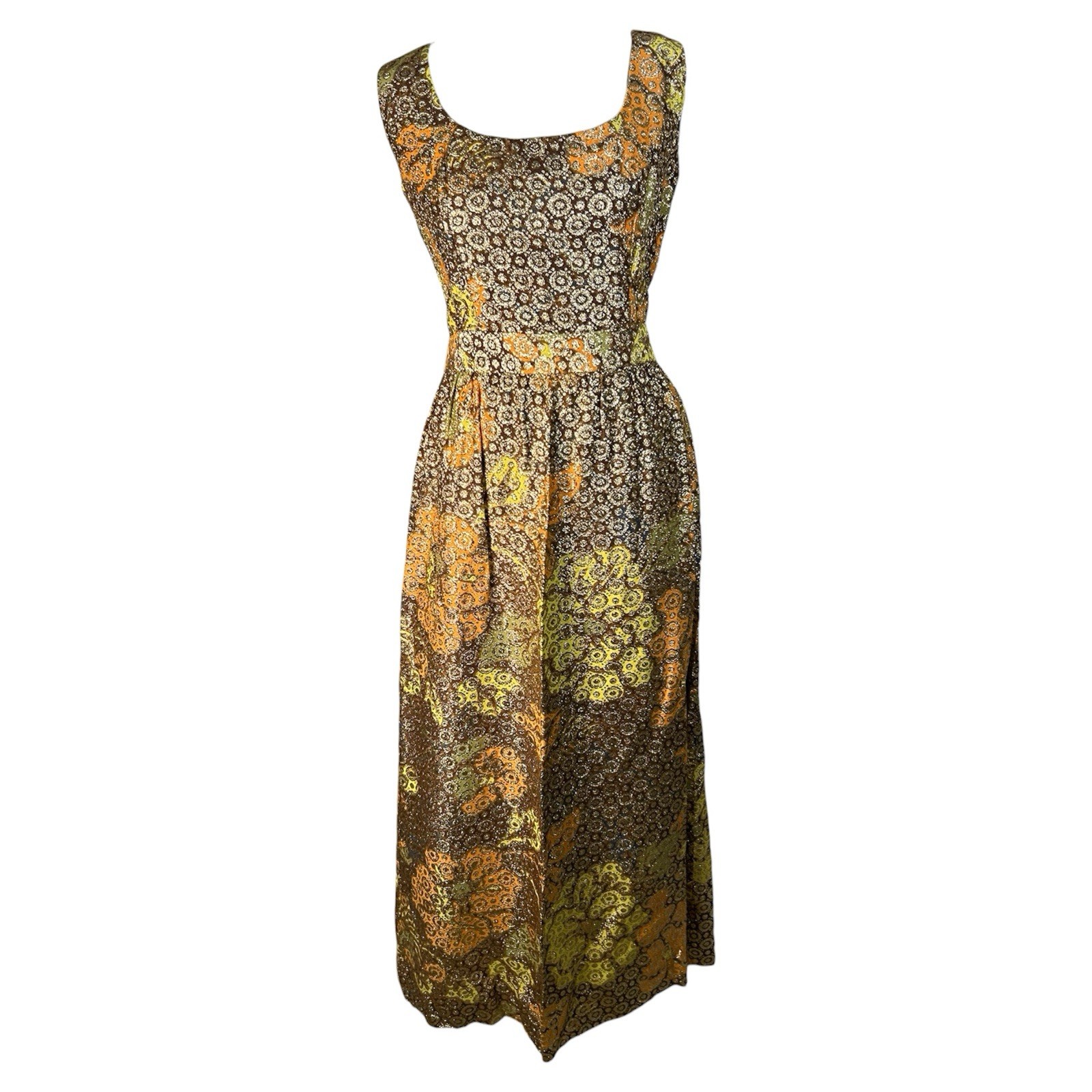 VTG 60s/70s Floral Orange Gold Hippie Psychedelic Long Maxi Dress Hand Made Sz M