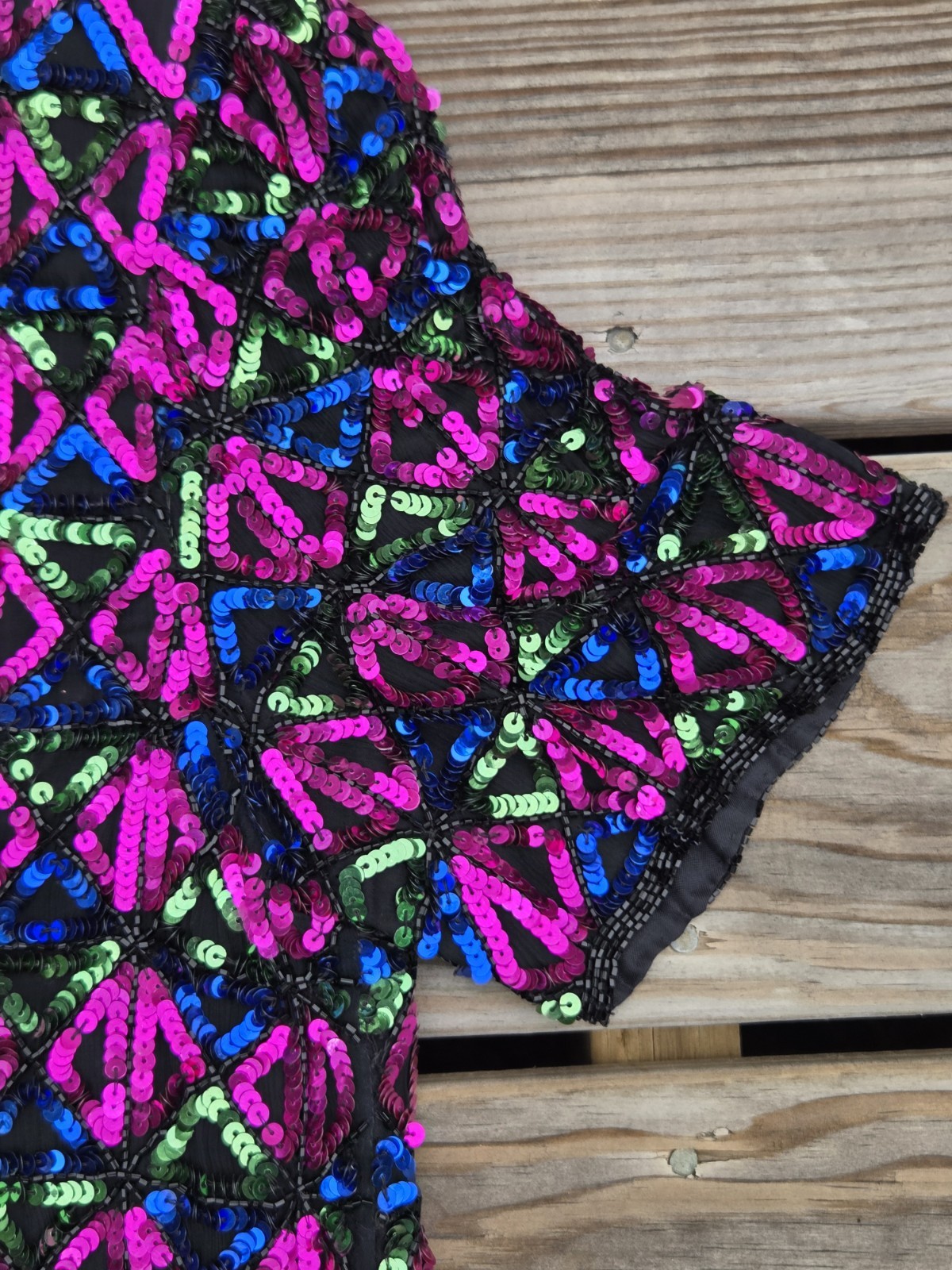 Vintage Sequin Jacket Womens Neon Geometric Beaded Party Top 80s Disco Glam