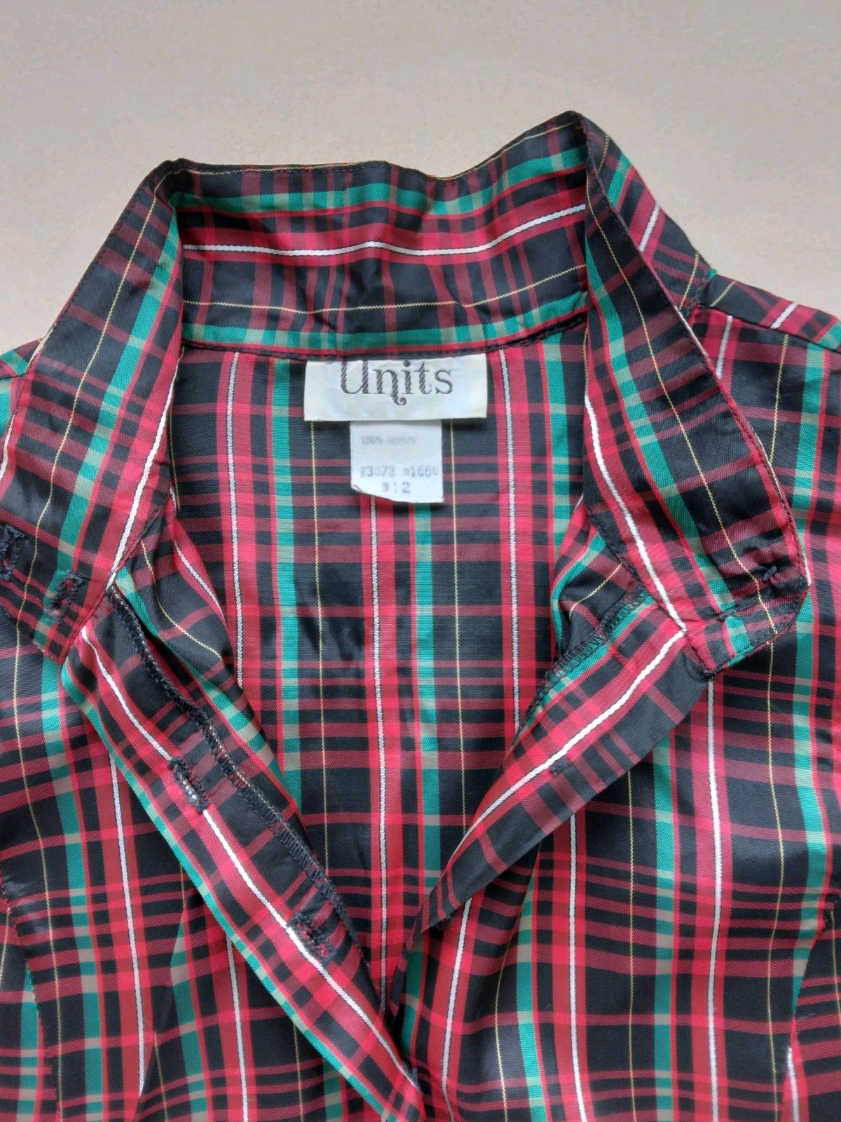 Vintage 1980s Plaid Blouse w/ Balloon Sleeves Black Red & Green Sz 12 Button Up