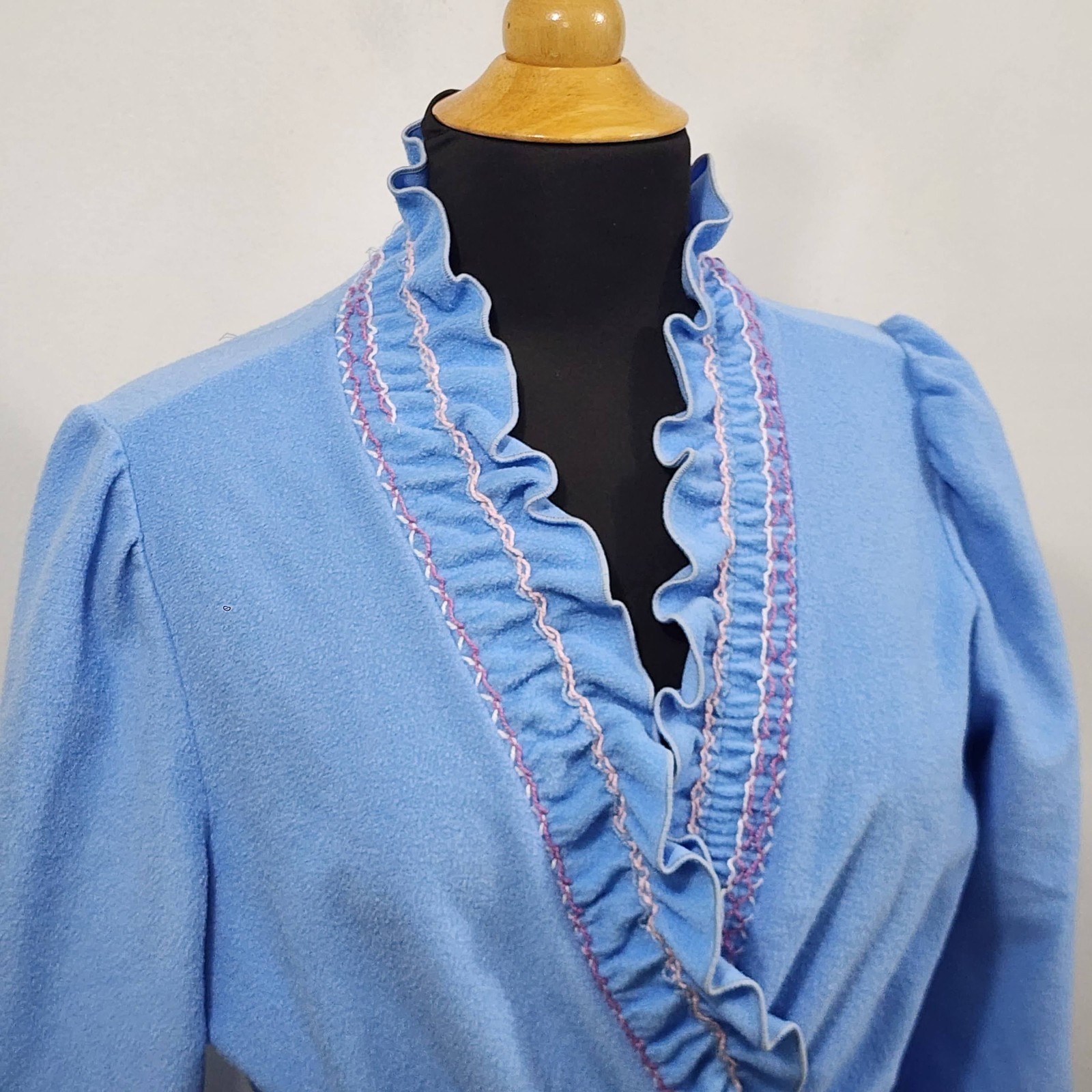 Vintage Famous Bodies Blue Terry Cloth Maxi Robe Ruffled Neckline Tie Waist Sz L