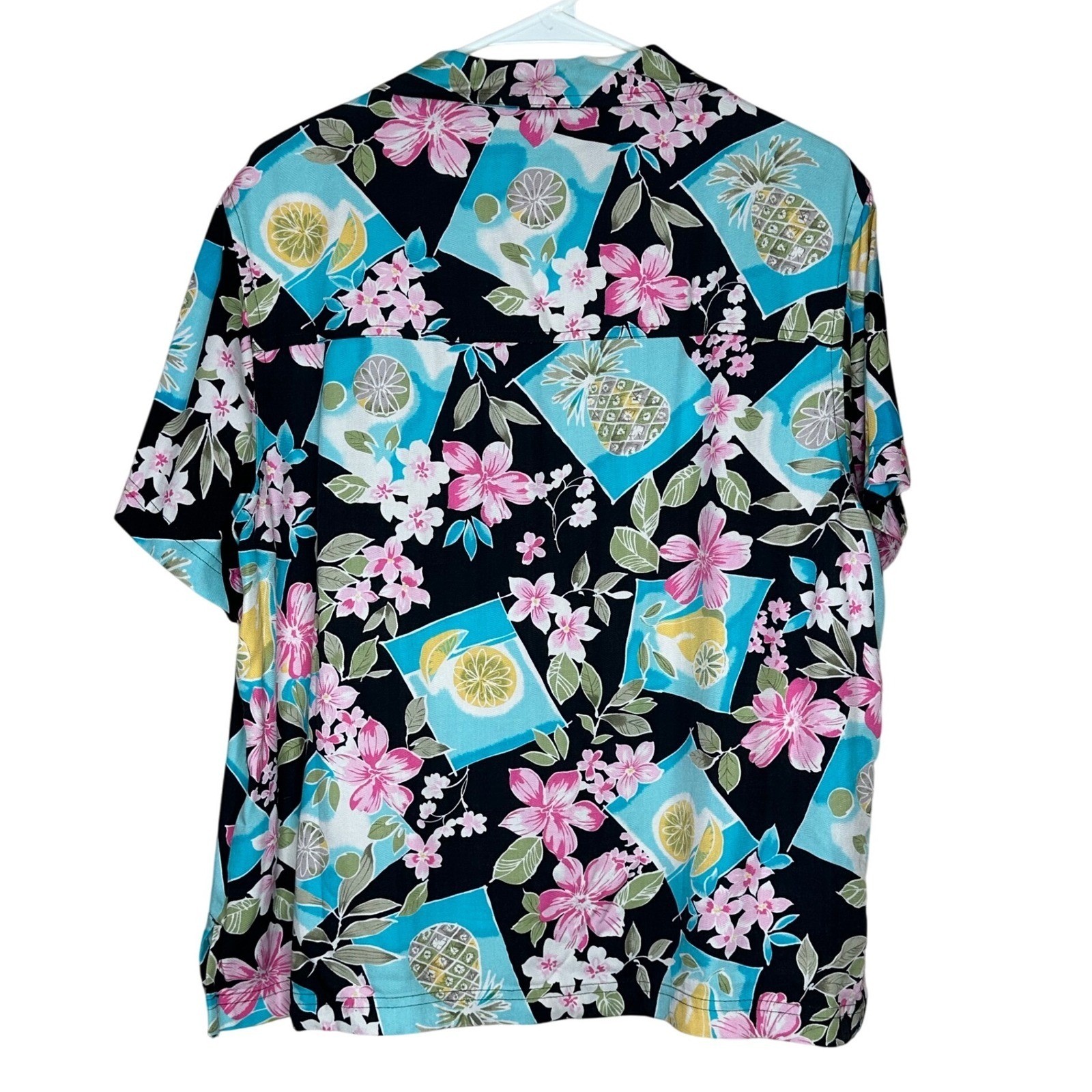 Sunset Cove VTG XL Tropical Pineapple Citrus Floral Rayon Camp Shirt Black Teal