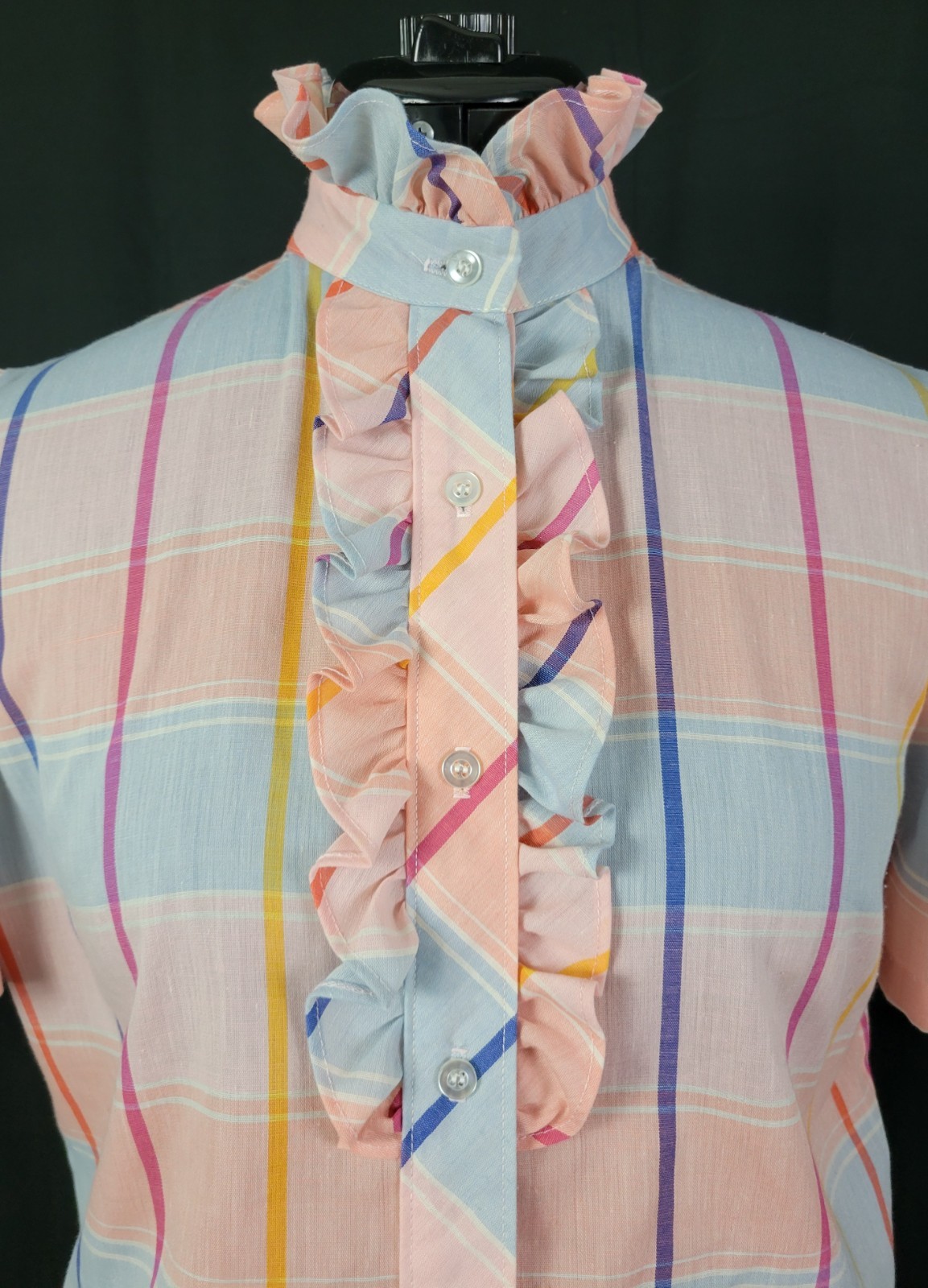 Vtg Lucky Winner Peach/Blue/Pink/Purple Plaid Top w Ruffled Collar Size 11/12