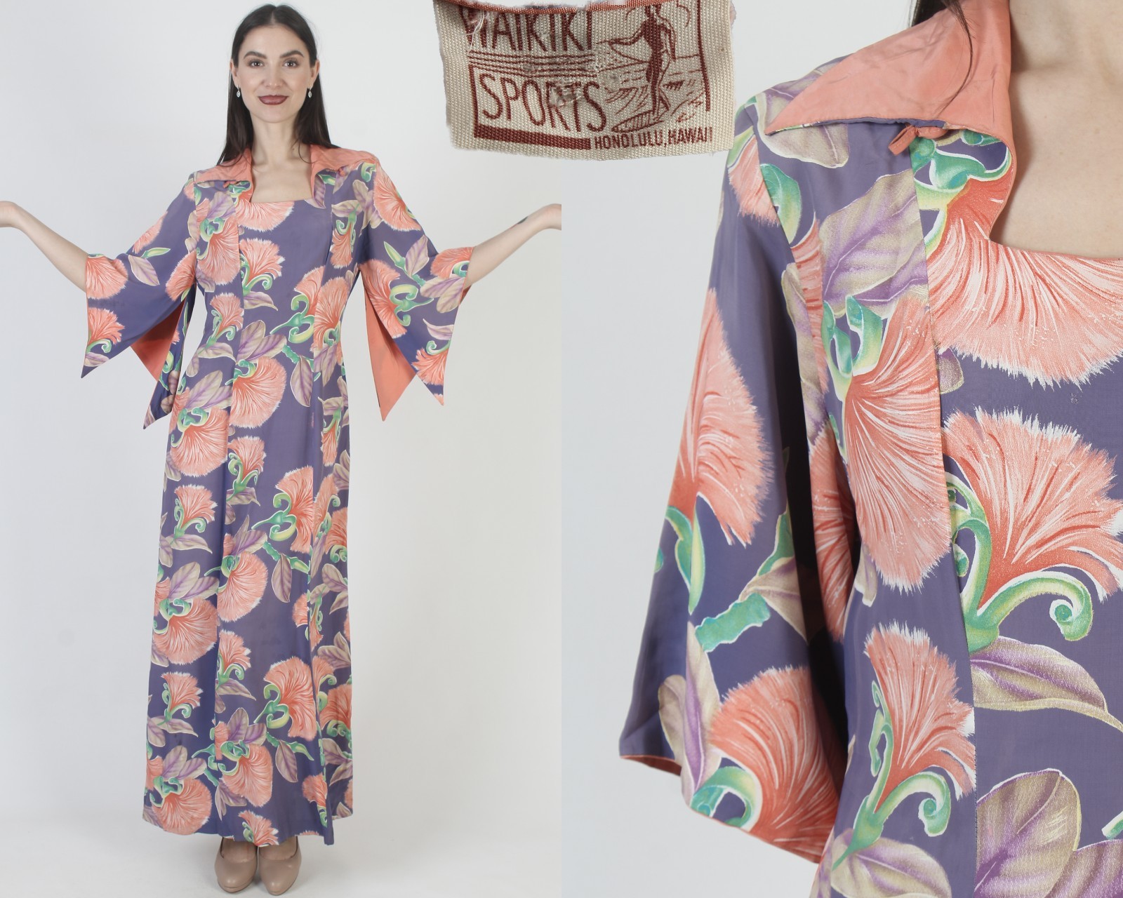 Vtg 40s Waikiki Sports Dress Honolulu Hawaii Rayon Kimono 50s MCM Tiki Pake Muu