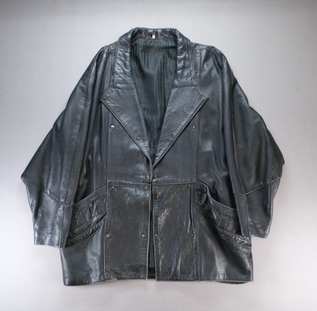 Vintage 80s Oversized Leather Jacket Batwing Dolman Sleeve Shawl Collar No Size