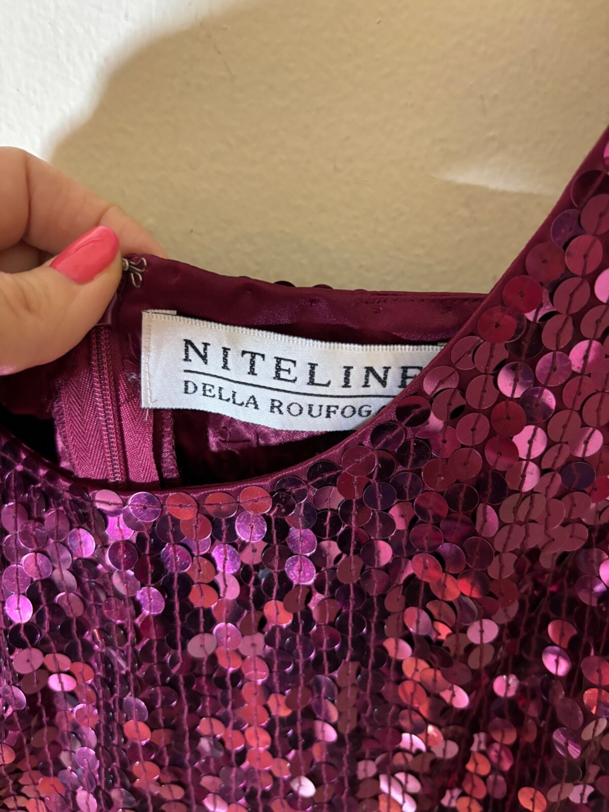Vtg 90s NITELINE Della Roufogali Dress 2 Purple SEQUIN Mob Wife MERMAID COCKTAIL