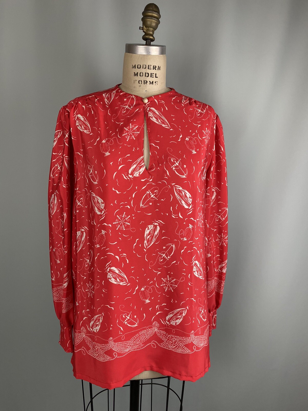 Handmade vintage blouse XL 52″ Bust EXTRA LARGE Nautical red white top tunic