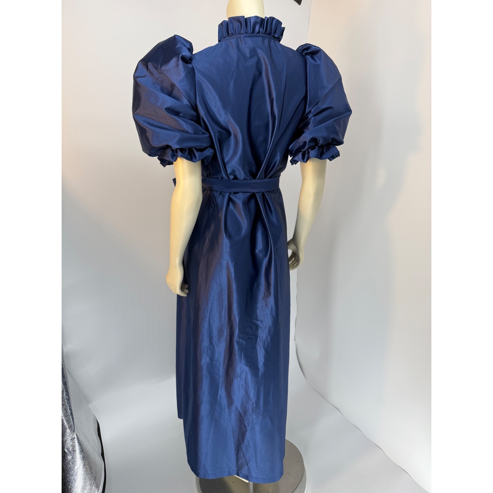 Vintage Puff Sleeve Satin Robe Royal Blue Ruffle Neck Tie Waist Maxi Wrap M/L