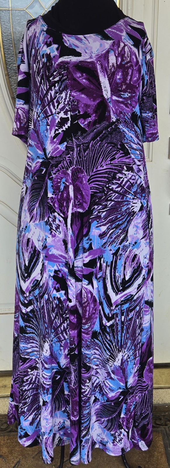 1980s JOSTAR Purple Black Blue Poly Spandex Abstract Floral Maxi Travel Dress L