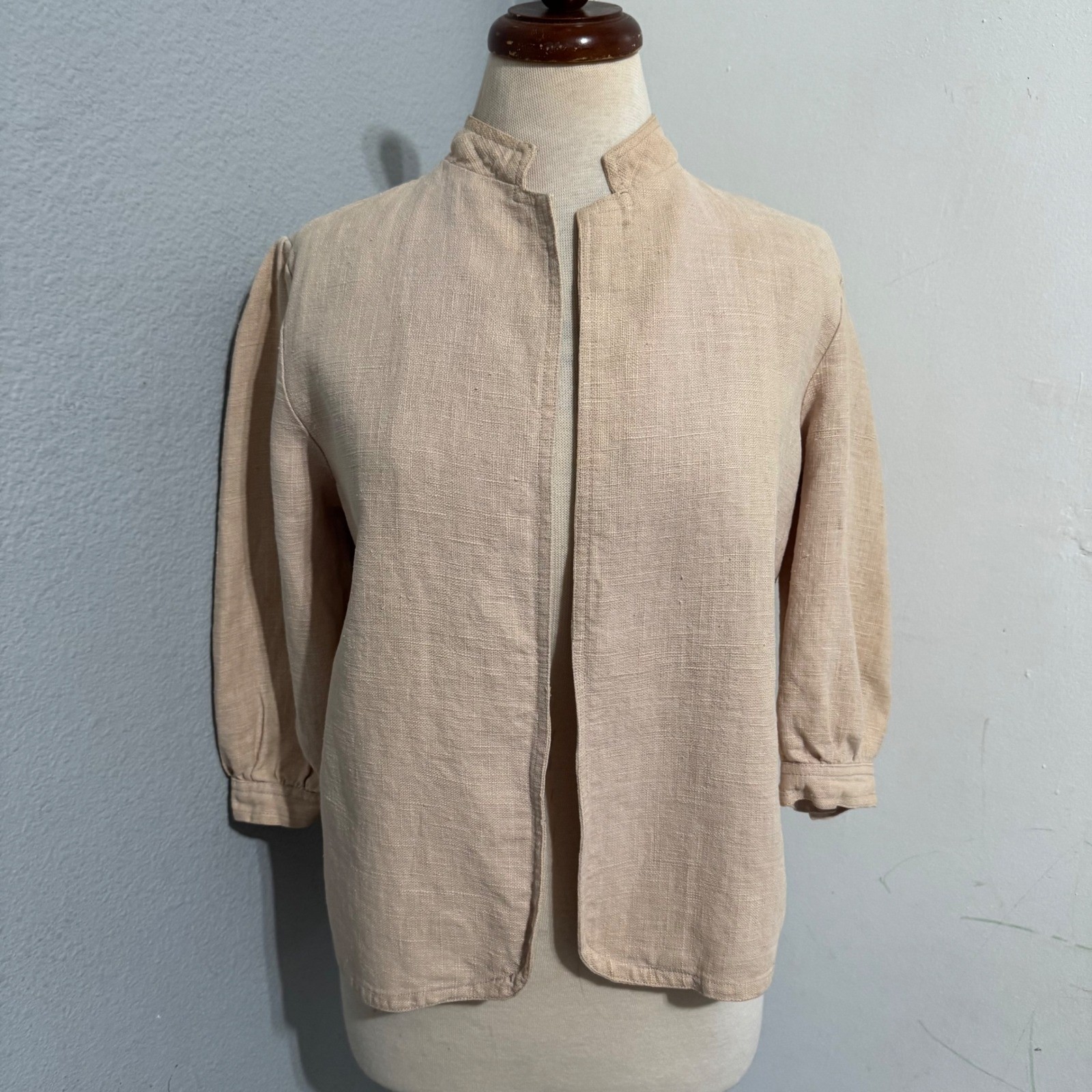 Vintage Pinot Noir 100% Linen Size M Open Front Jacket Beige Mandarin Collar