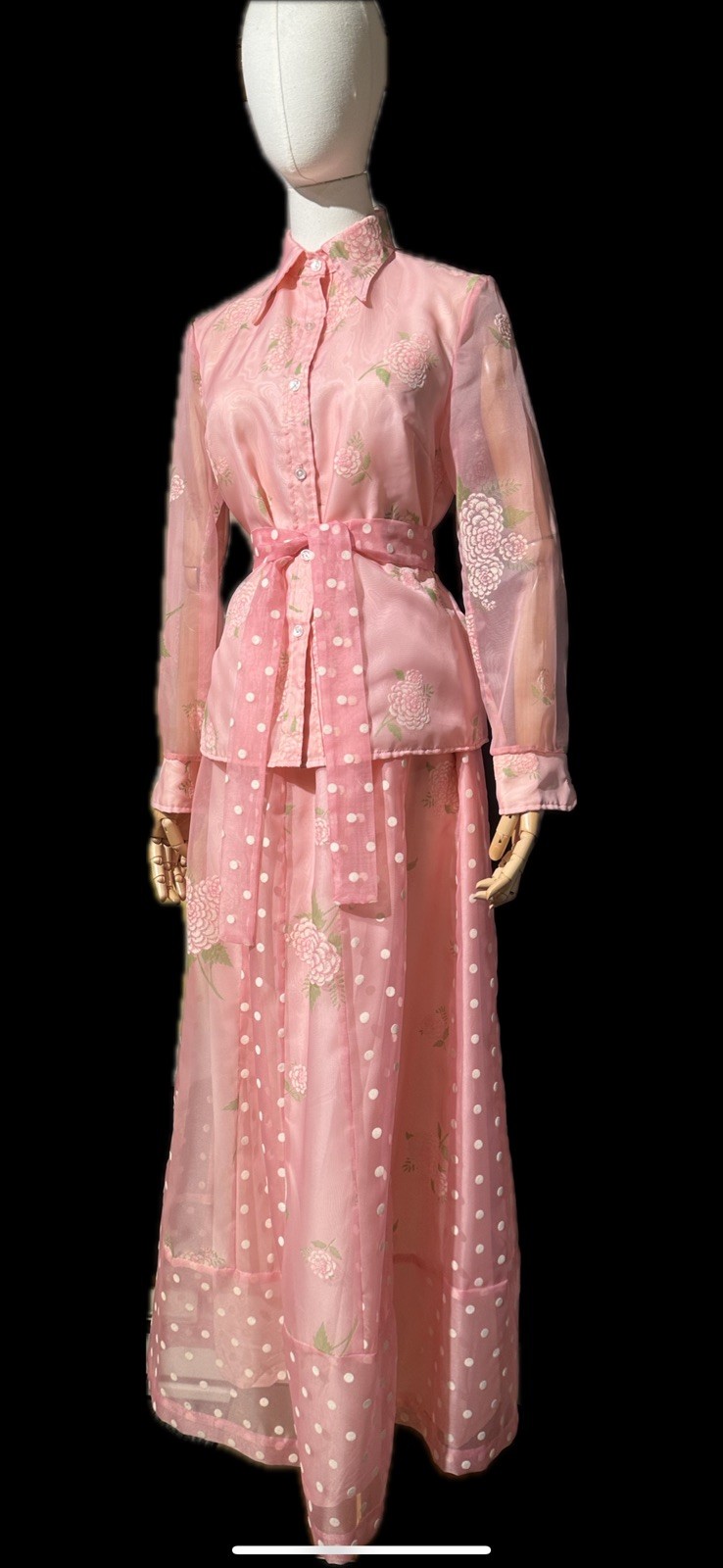 GREENECASTLE of Cali Pink Flocked Floral Polkadot Hostess Maxi Dress Set 12