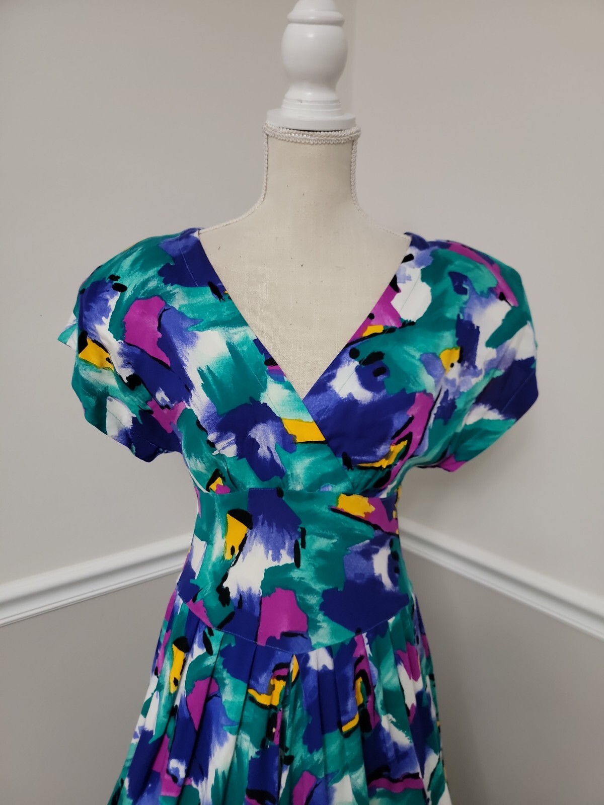 VTG’80s R.E.O Abstract Pattern Tea Garden Dress / Puff Shoulder Rockabilly