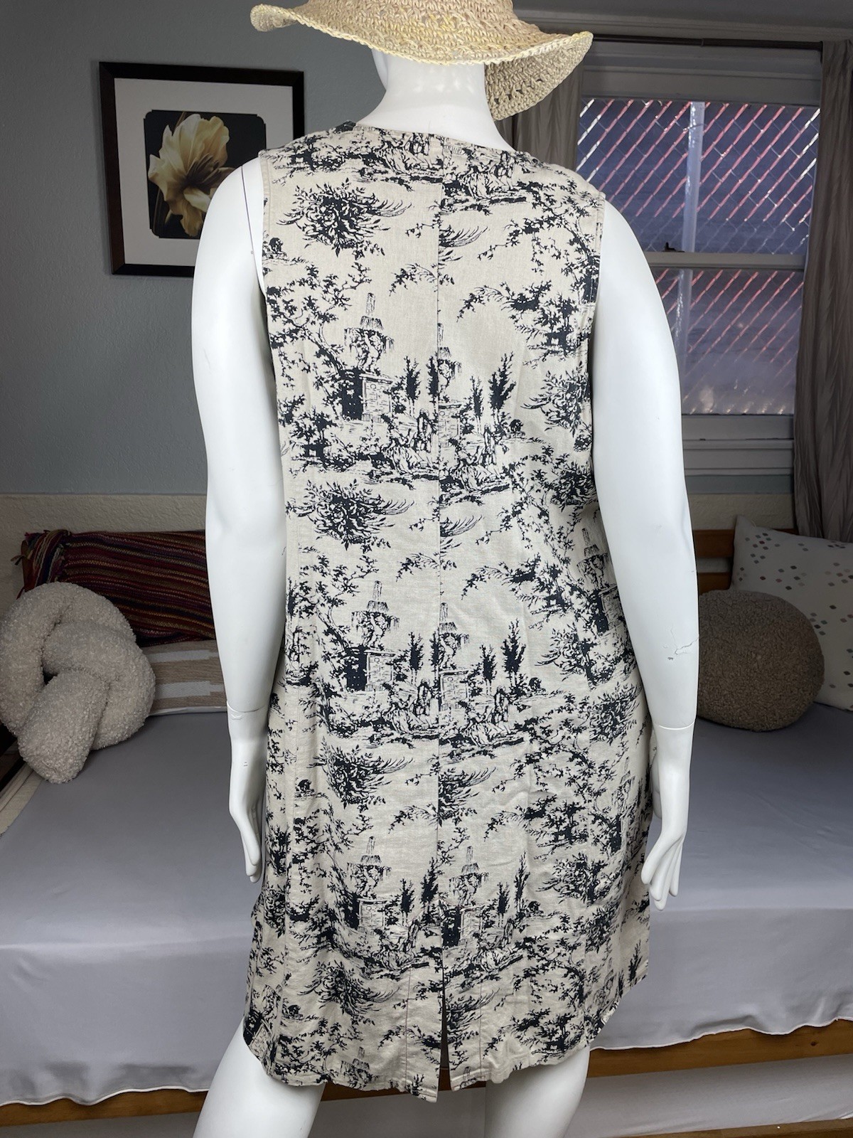 Vintage David Meister Linen Blend Sheath Midi Dress XL Black Cream Toile Print