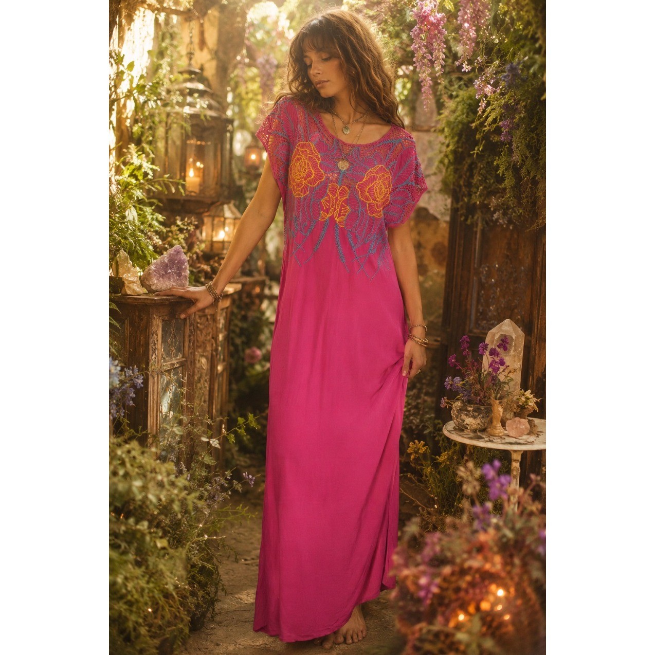 Vintage 80s Pink Floral Embroidered Crochet Maxi Dress Fairy Resort Beach S M