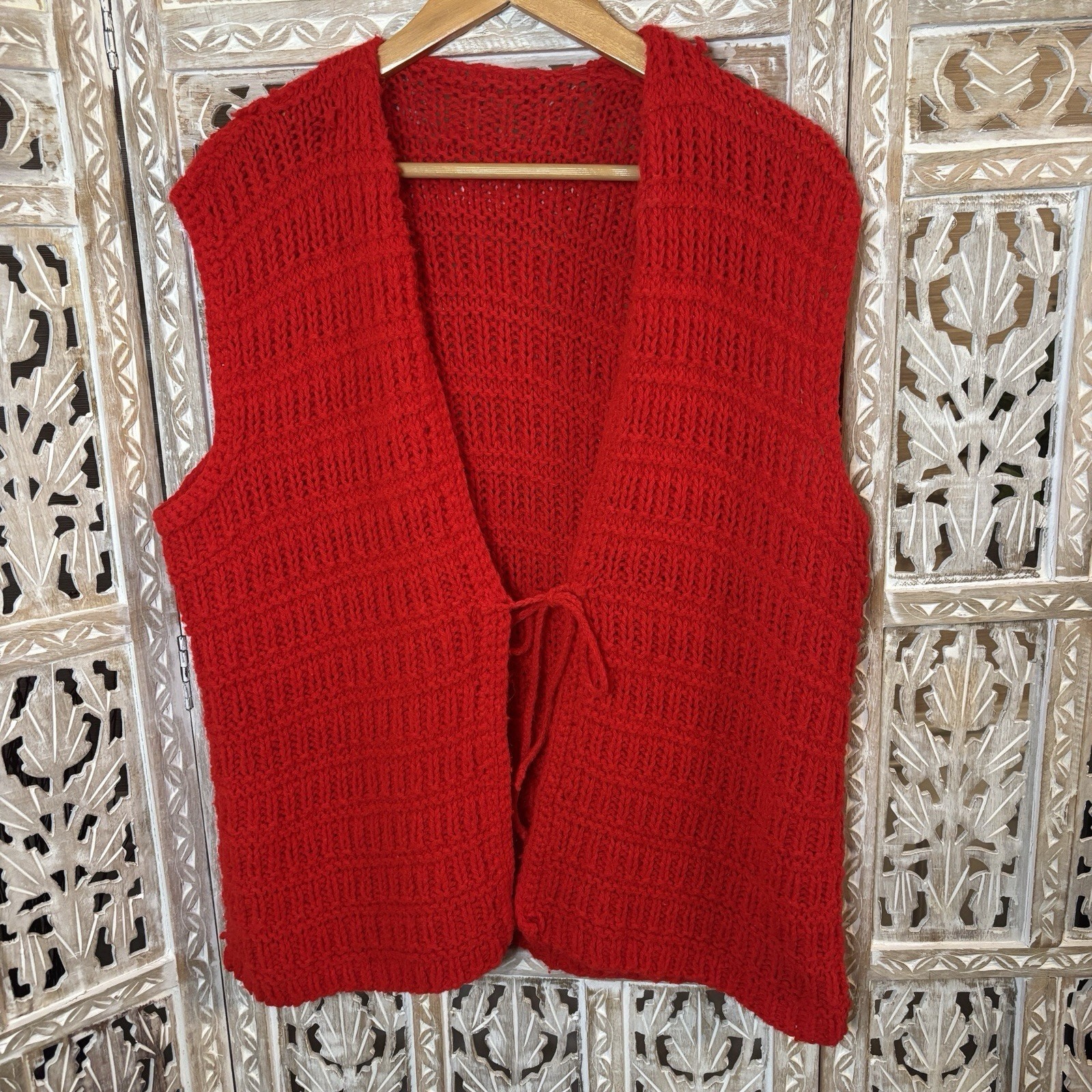 Vintage 70s 80s Hand Knit Vest Red Acrylic Yarn Tie Front Cabin Core Granny Core