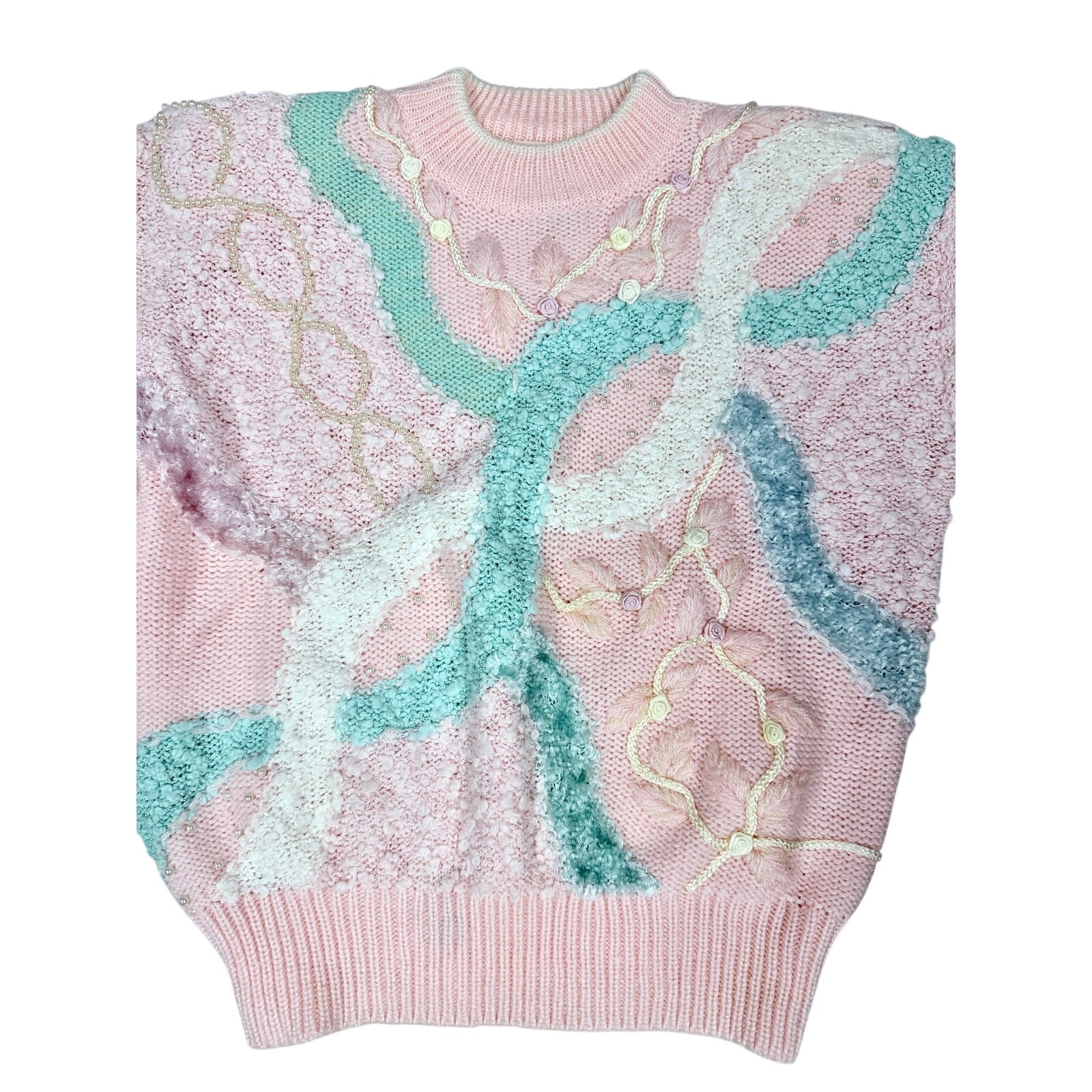 VTG Jaclyn Smith Size S Pastel Fairy Kei Sweater Pearl Rosette Cottagecore