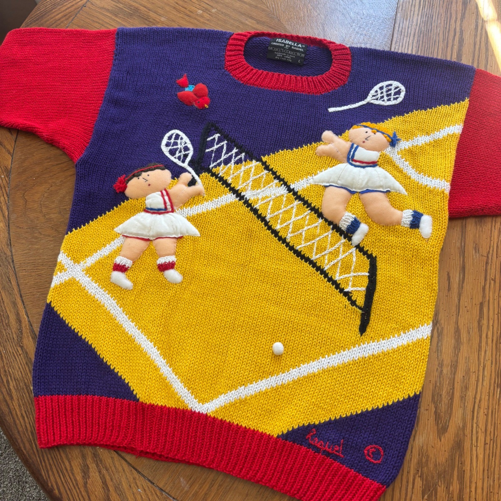 Vintage Isabella by Raquel Tennis Sweater Cotton Color Block 3D Grandmacore L