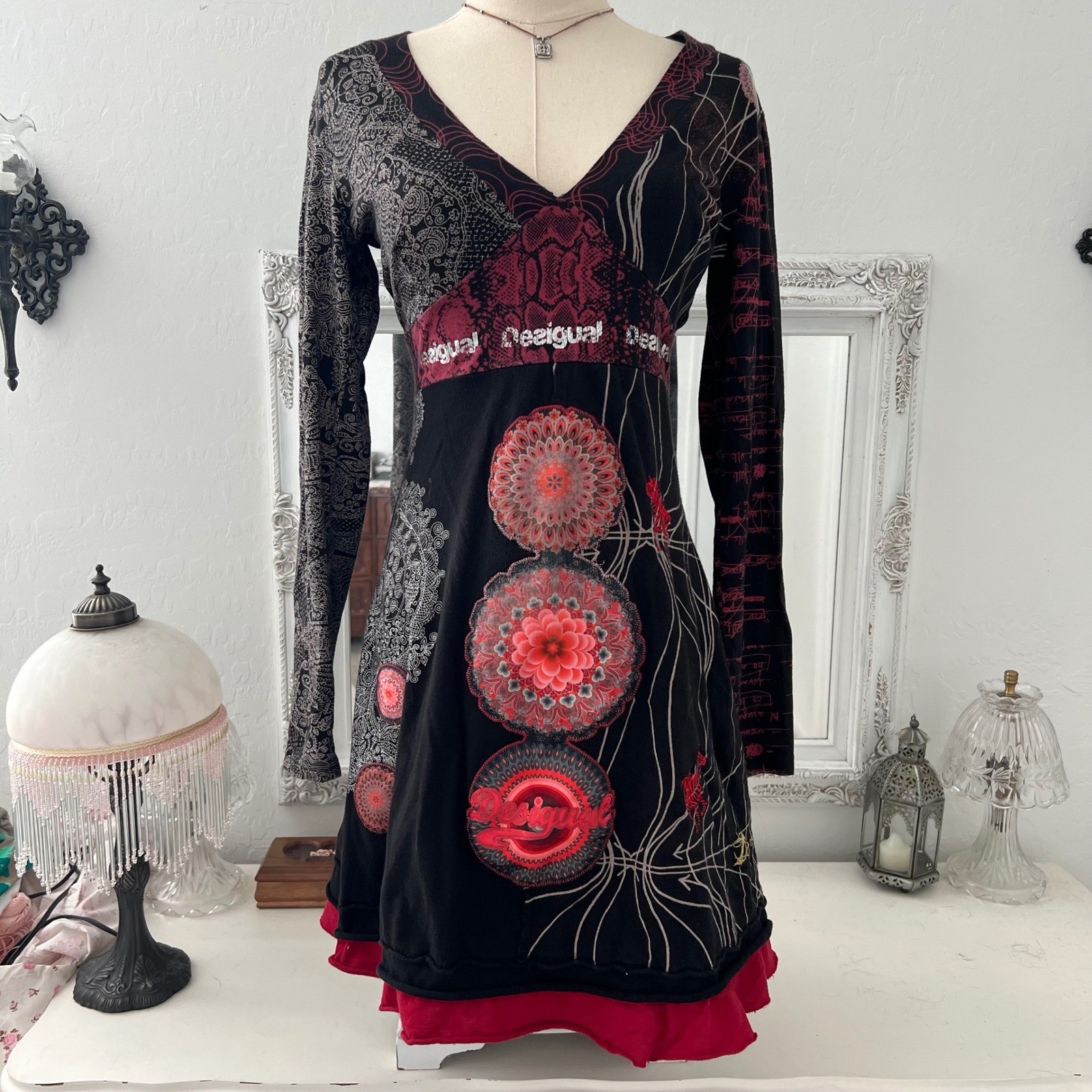 vintage desigual all over graphic patterned long sleeve babydoll mini dress