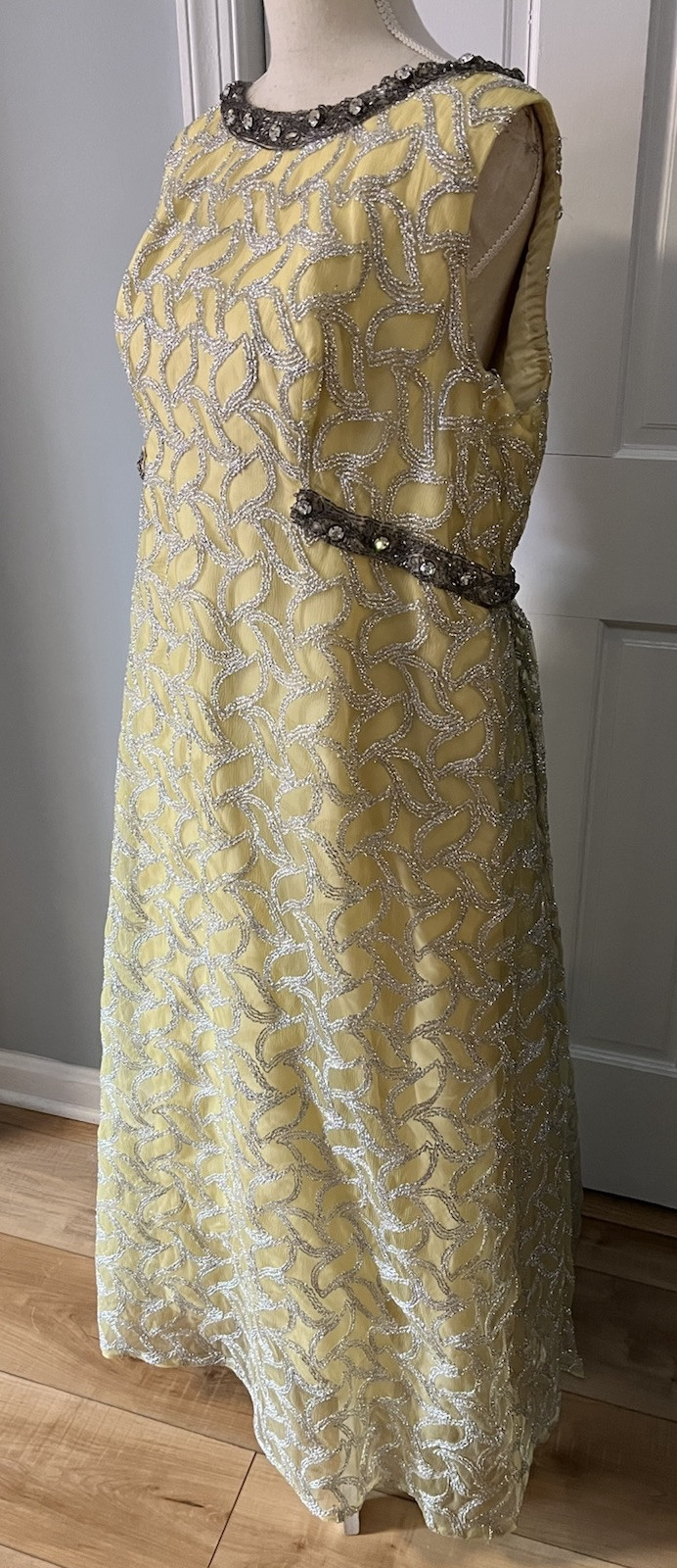 Erlebacher Beaded Long Gown Dress Sleeveless Yellow & Silver Shimmery VTG Large?