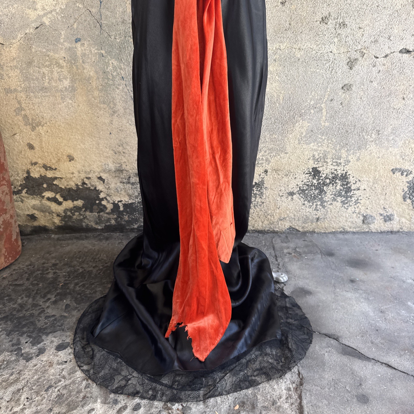 Vintage 1930s Black Silk Satin Dress Orange Silk Velvet Bow Wrap Lace Trim Bias
