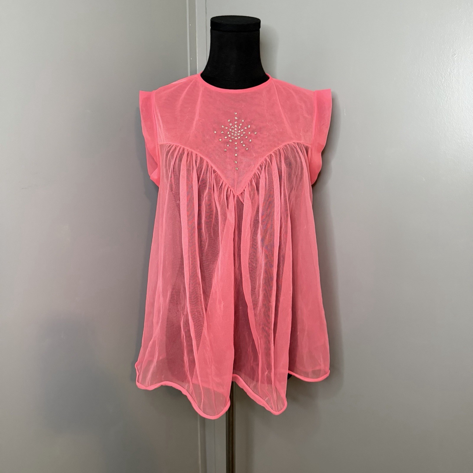 Vtg 60s Sheer Neon Pink Trapeze Top Starburst Rhinestone Embellished SM Lingerie