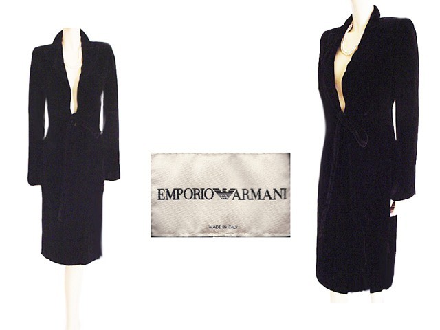 ITALIAN EMPORIO ARMANI BLACK VELVET TIE COAT NOTCHED COLLAR SATIN QUILTED LINING