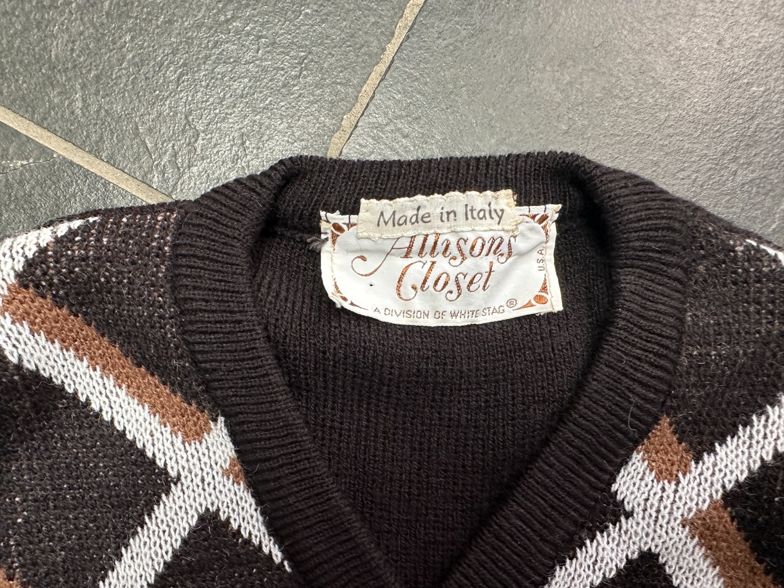 Vintage 1970s Black Brown White Diamond V Neck Sweater Vest Allison’s Closet