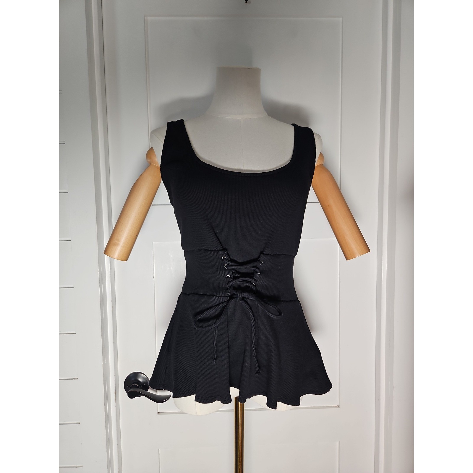 Y2K Aesthetic Corset Top Medium Black Peplum Lace Up Ribbed Grunge Streetwear