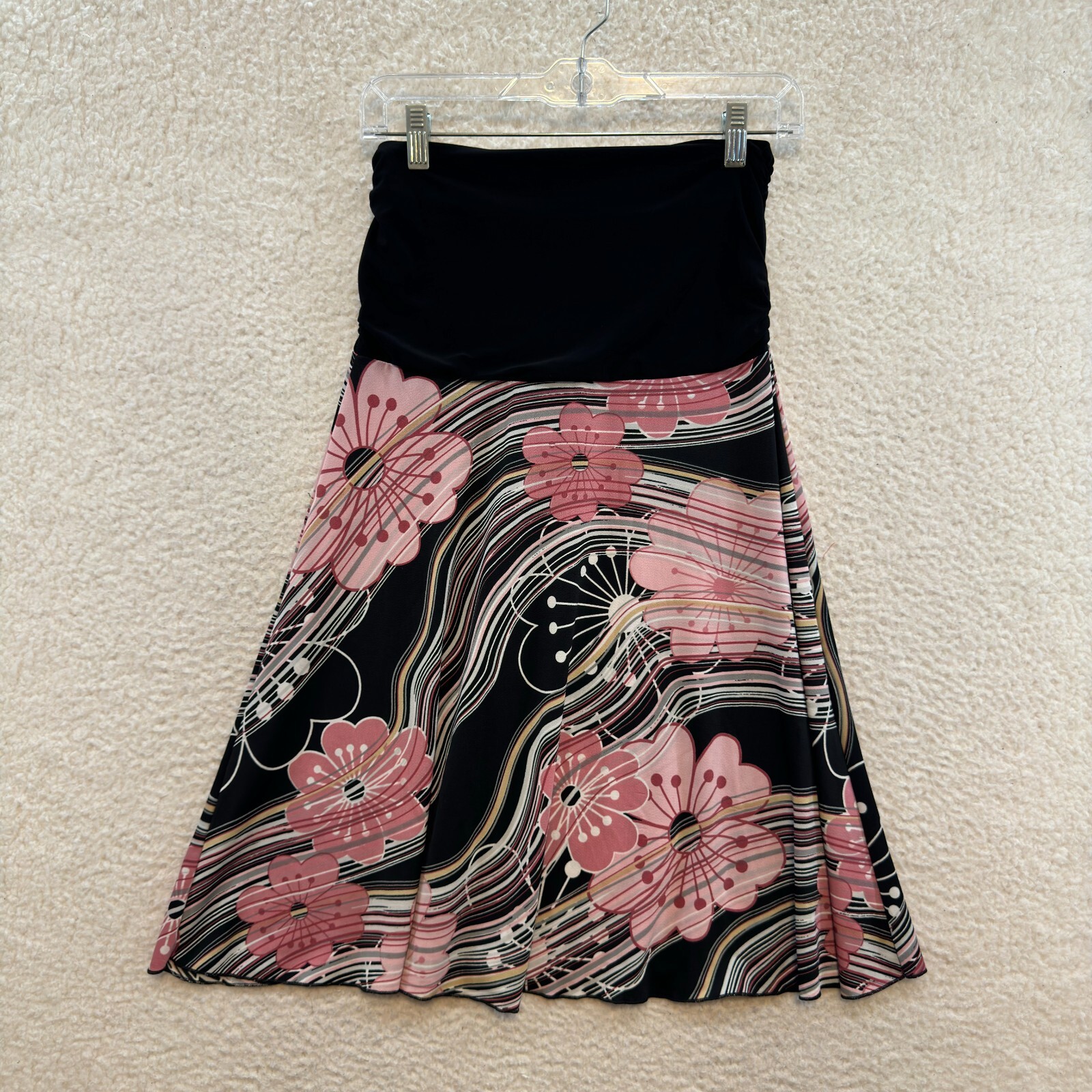 Y2K Vintage Midi Skirt Small Black Pink Floral Slinky Stretch Boho Fairy Grunge
